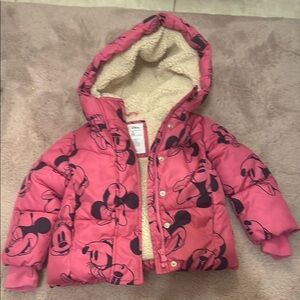 GAP Pink and Black Puffer Jacket with Mickey Mouse Print